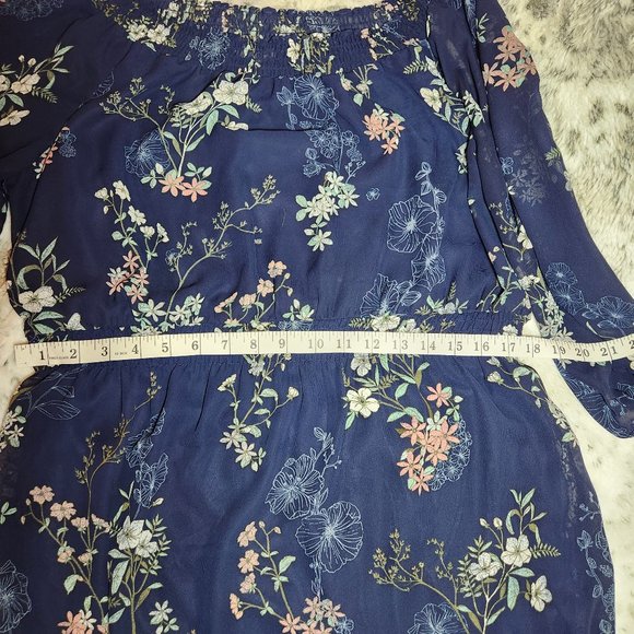 Maurices Navy Blue Floral (off shoulder-choice) Chiffon 3/4 sleeve dress XXL EUC - Picture 8 of 10